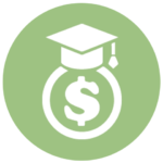 green icon with dollar sign and graduation cap
